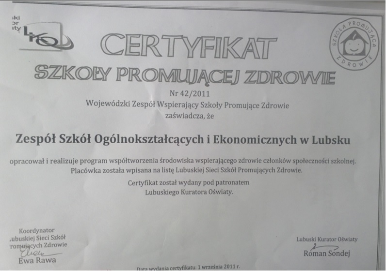 Certyfikat Szkola Promujaca Zdrowie 2011